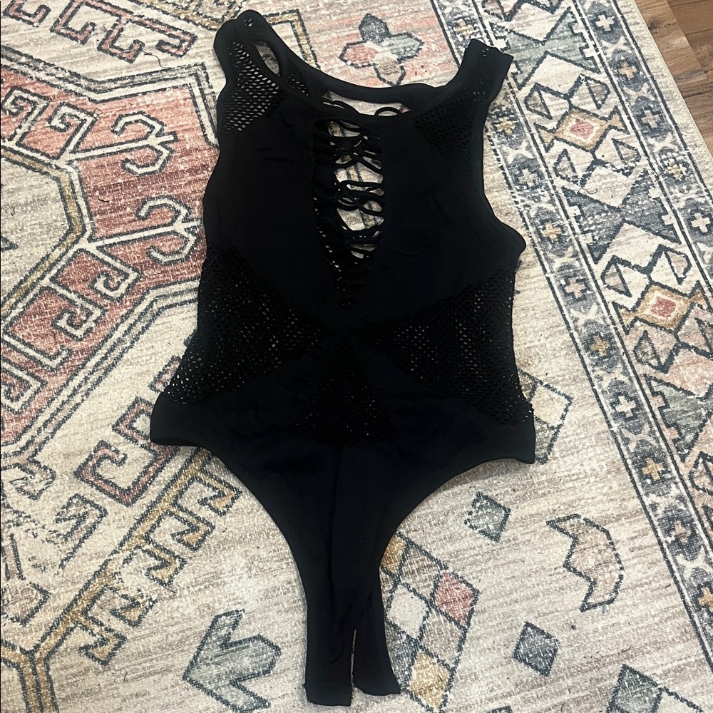 Black mesh Lace-Up Bodysuit